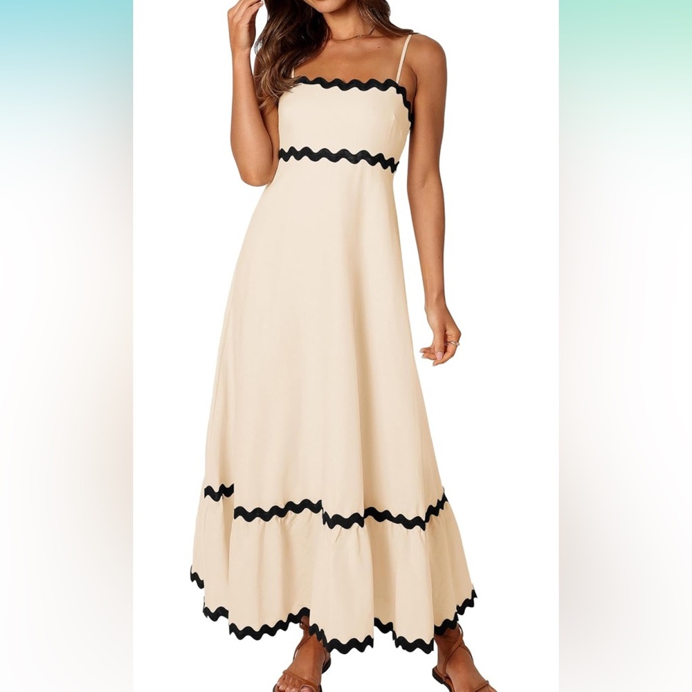 Summer Spaghetti Straps Sleeveless  Flowy Smocked Lace Swing A Line Midi Dress